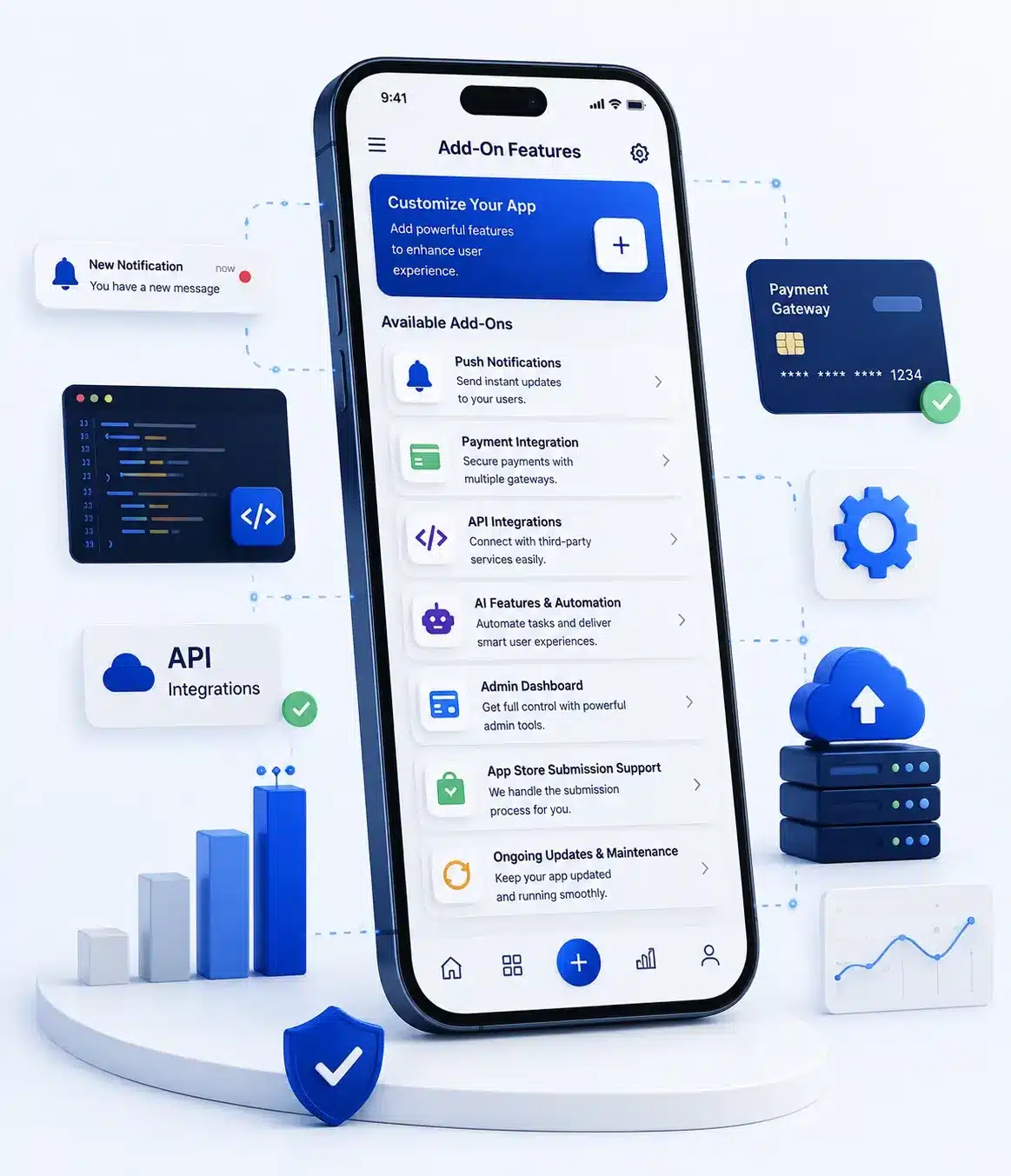 Optional mobile app development features and add-ons